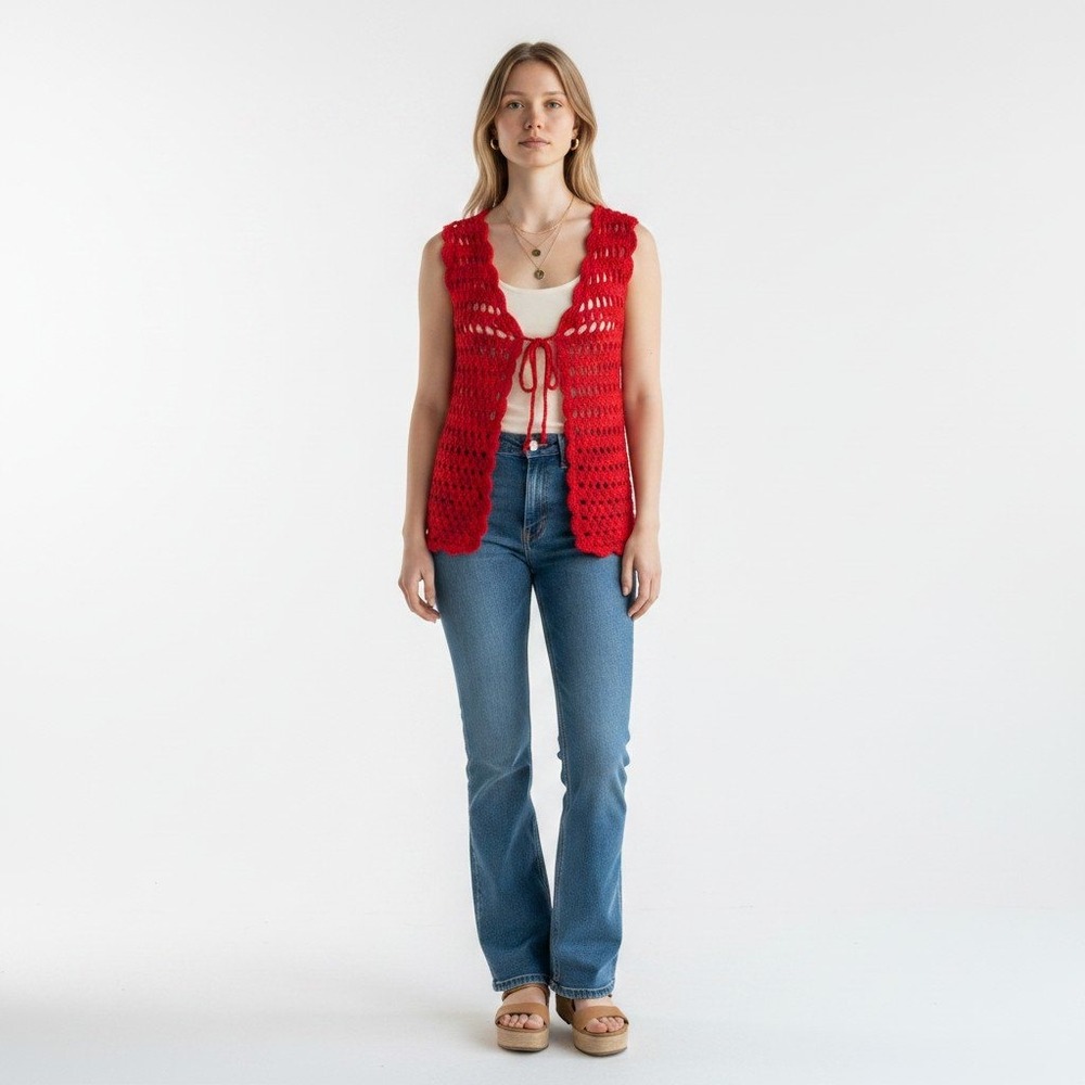 Handmade Crochet Long Vest Red‎ Open Front Tie Boho Festival 70s Artisan